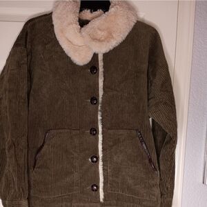 White Crow Womens Jacket Small S Corduroy Long Sleeve Button Up Olive Pockets.